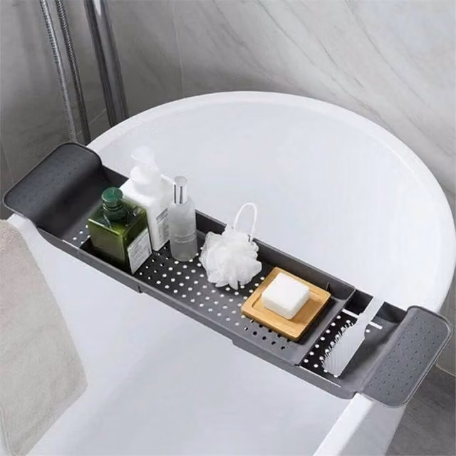 VOGREX Adjustable Plastic Bathtub Shelf Storage Caddy Tray in Grey