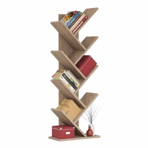 Bimossa Hitit Tree Bookcase in Oak, Modern Freestanding Wooden Bookshelf with Multi-Compartment Storage, Height: 128.5 cm, Width: 46.0 cm, Depth: 22.0 cm – 1