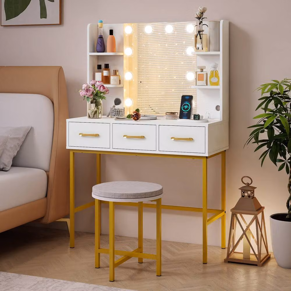 Costway Makeup Dressing Table and Cushioned Stool Set with Hollywood LED Mirror in White – 3