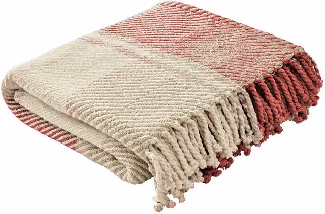 Laura Ashley Dylan Woven Cotton Checked Throw with Fringes, Red, W: 150 cm, L: 200 cm