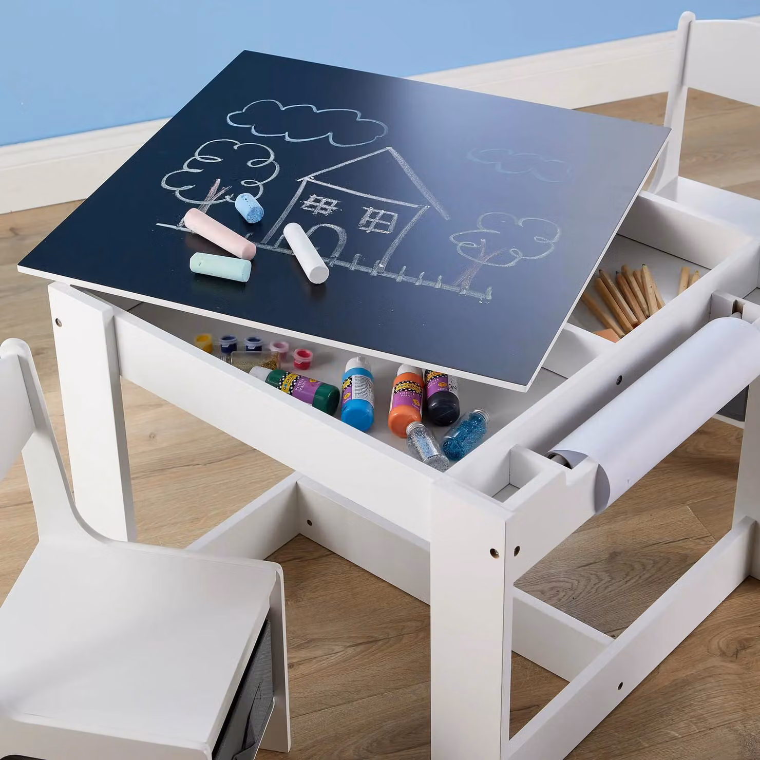 Home Source Childrens Learning Activity Table and Chairs Set in White – 2