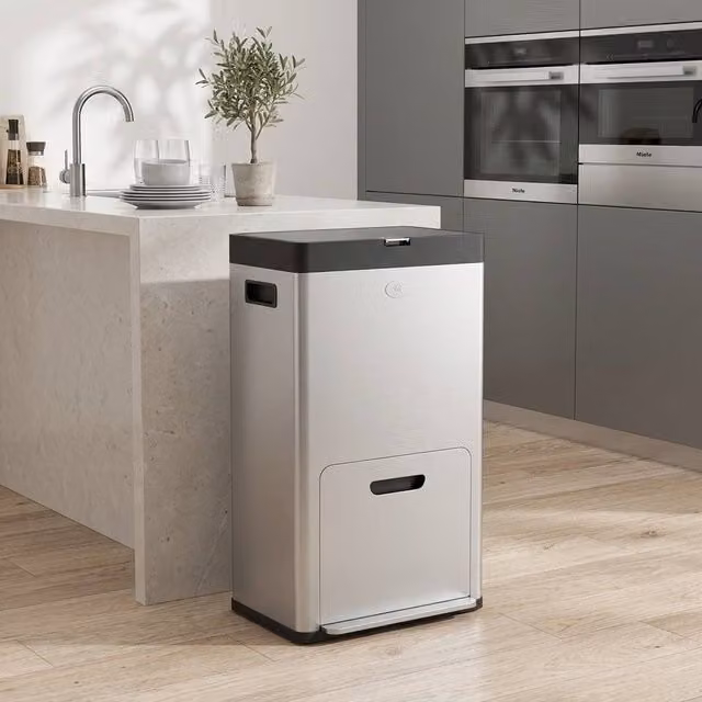 STILVORA 56L Triple Compartment Stainless Steel Kitchen Bin with Wheels and Pedal in Silver