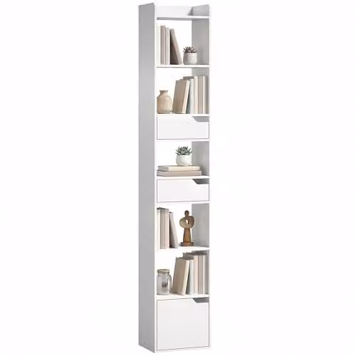 HOMCOM 5-Tier Modern Bookcase with Drawers and Cabinet in White Wood Effect – 1