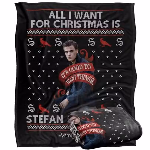 LOGOVISION The Vampire Diaries All I Want For Christmas Is Stefan Salvatore Super Soft Silky Touch Fleece Throw Blanket, W: 152 cm, D: 127 cm, Multicolour
