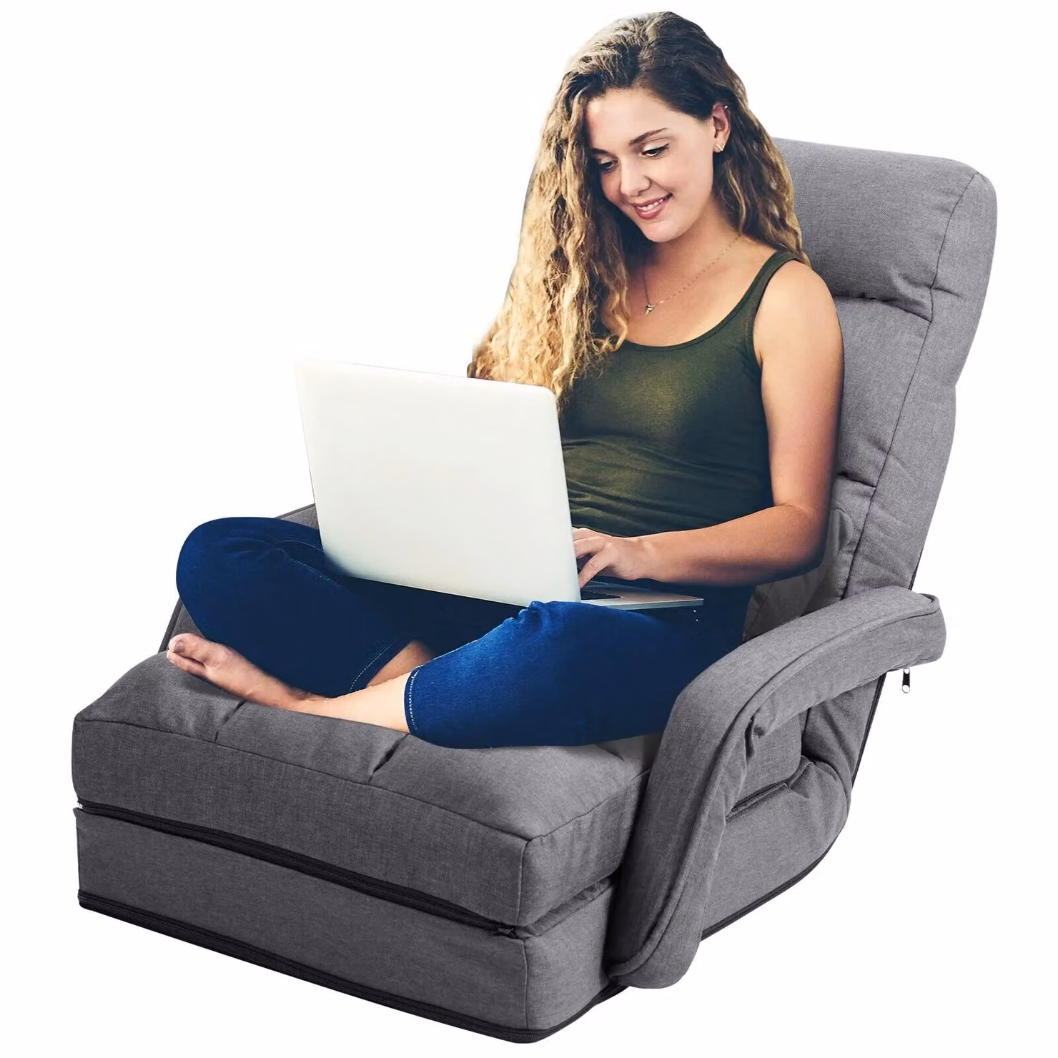Gymax Grey Folding Lazy Sofa Floor Padded Gaming Chair with Armrests and Headrest – 3