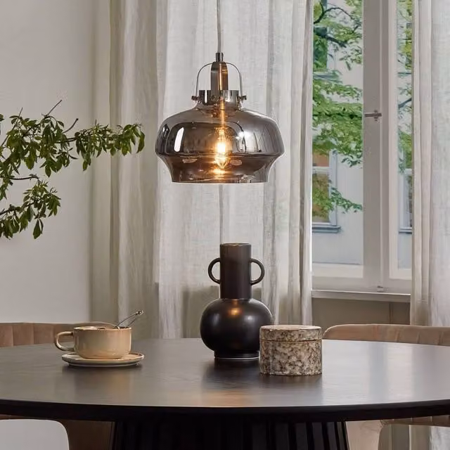 Wyld and Coco Industrial Grey Glass and Silver Metal Dome Pendant Lamp