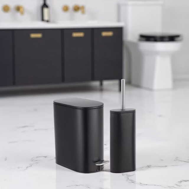 Fortuna Black Stainless Steel 5L Soft Close Bathroom Pedal Bin and Toilet Brush Set