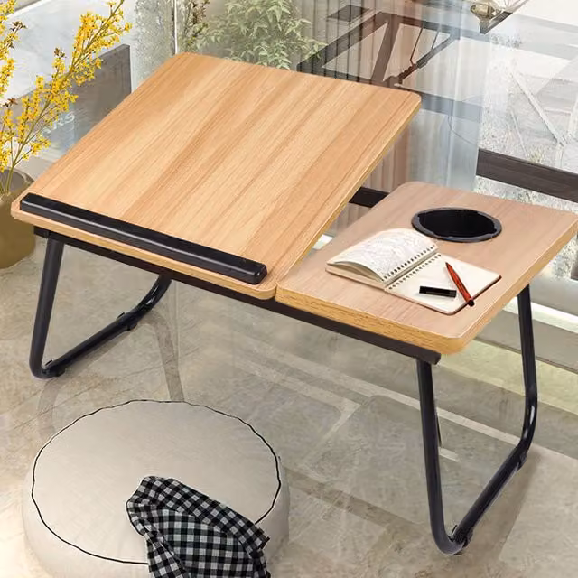 Living and Home Adjustable Folding Laptop Bed Table with Tilting Top and Cup Slot in Natural Brown – 1