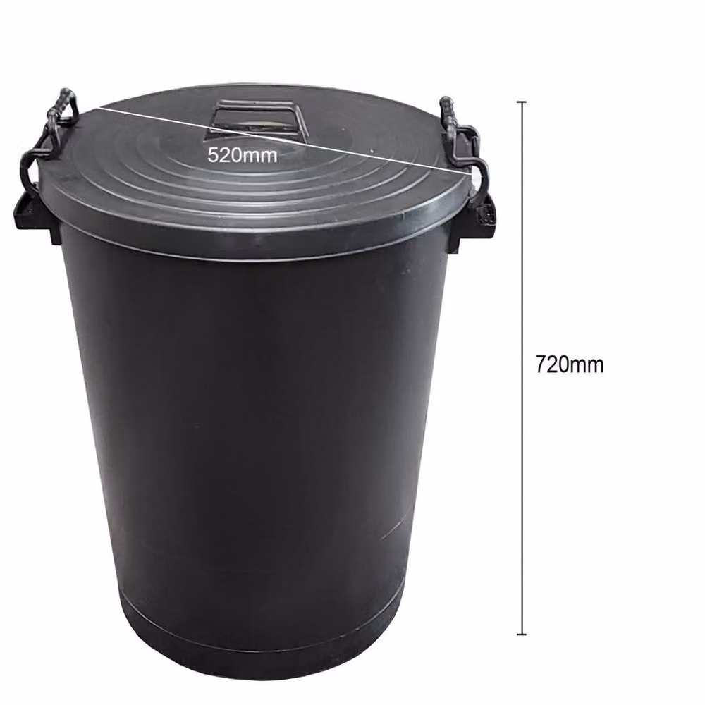 PAWNORA Heavy Duty Plastic Rubbish Waste Bin with Flip Lid, Black, H: 72 cm x W: 52 cm x D: 42 cm – 2