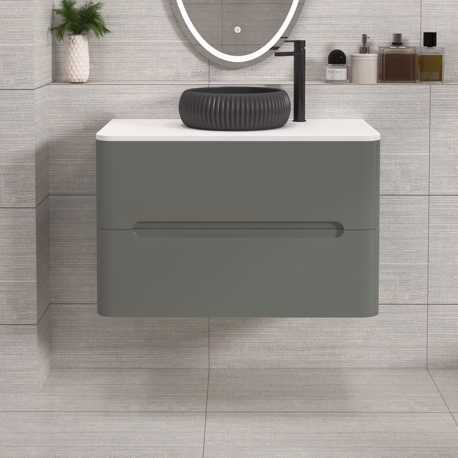 Royal Bathrooms Venice 800mm Wall Hung Vanity Unit in Sage Green with 2 Drawers, Plain White Worktop and Milan Black Basin