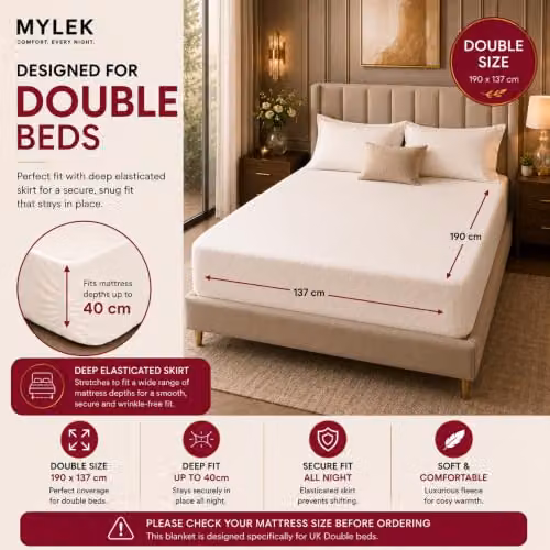 Mylek Double Electric Heated Mattress Cover Underblanket in White, W/D/H: 137 x 190 x 40 cm – 2