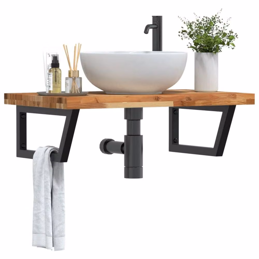 Berkfield Home Wall Mounted Basin Shelf in Brown Acacia Wood and Steel – 2