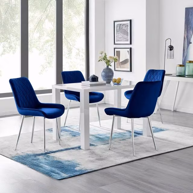 FurnitureboxUK Pivero 4 White Rectangular Dining Table and 4 Pesaro Silver Leg Chairs in Navy Blue
