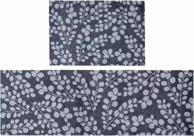 JVL Machine Washable Mega Mat Doormat and Runner in Grey with Floral Branches Design