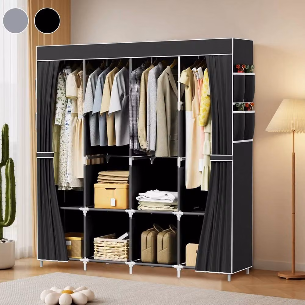 FORGEVIO Large Fabric Canvas Wardrobe with Clothes Shelving and Hanging Rod, Black, H 170 x W 45 x D 45 cm – 3