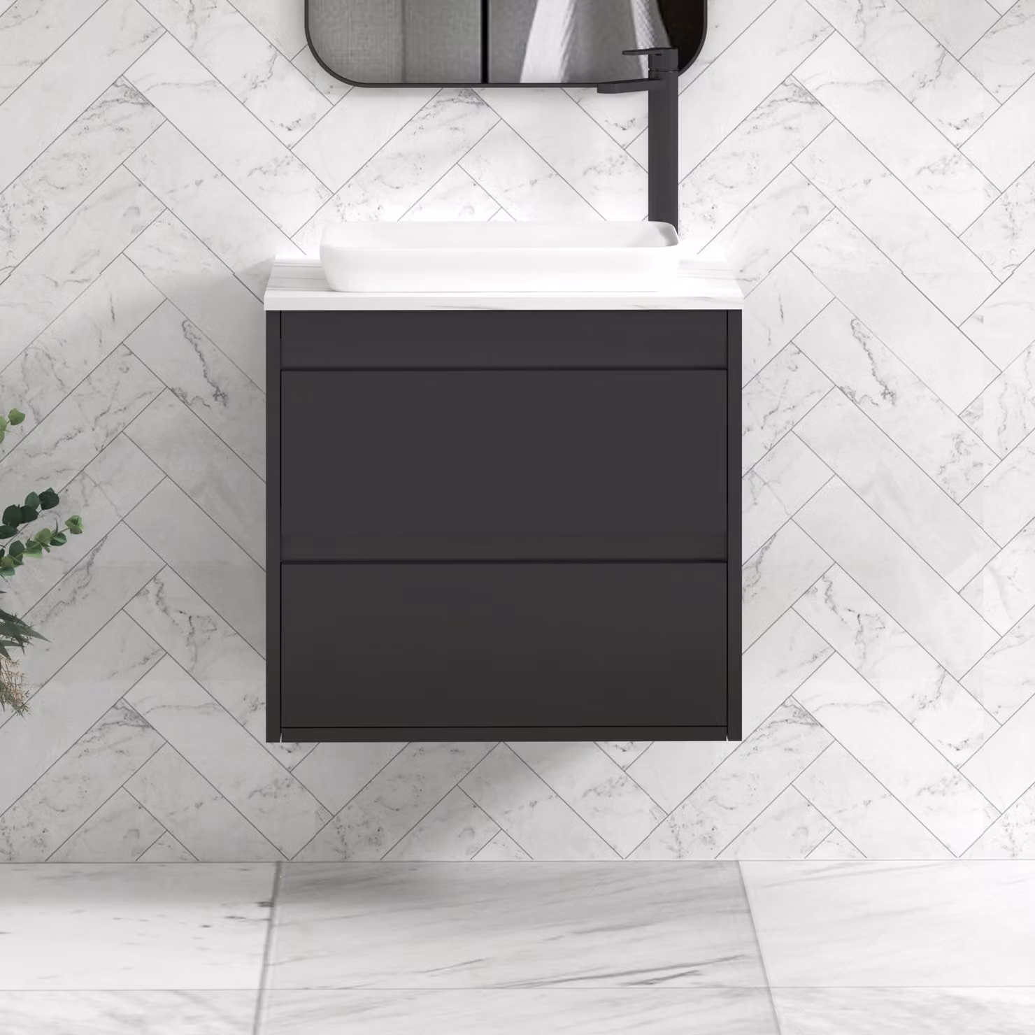 Royal Bathrooms Orion 600mm Matt Obsidian Black Wall Hung Countertop Vanity Unit with 2 Drawers, Qubix Basin and Black Accent Trim
