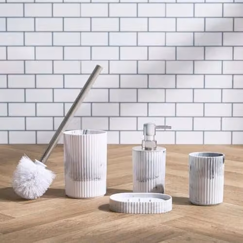 OHS 4 Piece Ribbed Bathroom Accessories Set with Tray in White