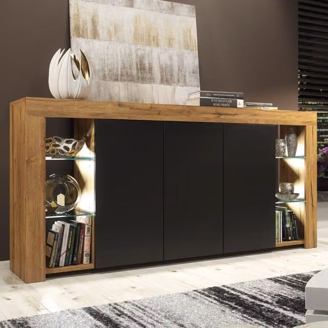 Creative Furniture Eden Sideboard in Brown and Black with Glossy Doors and Integrated Lighting, W: 164 cm – 1