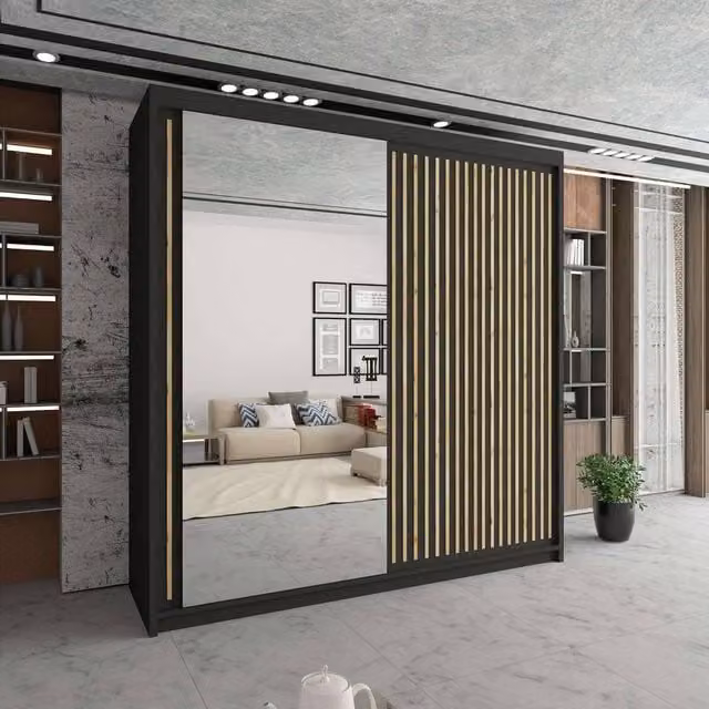Sliding Wardrobes 4U Sleek Mirror Sliding Wardrobe with Integrated LED Lighting in Black W203cm x H217cm