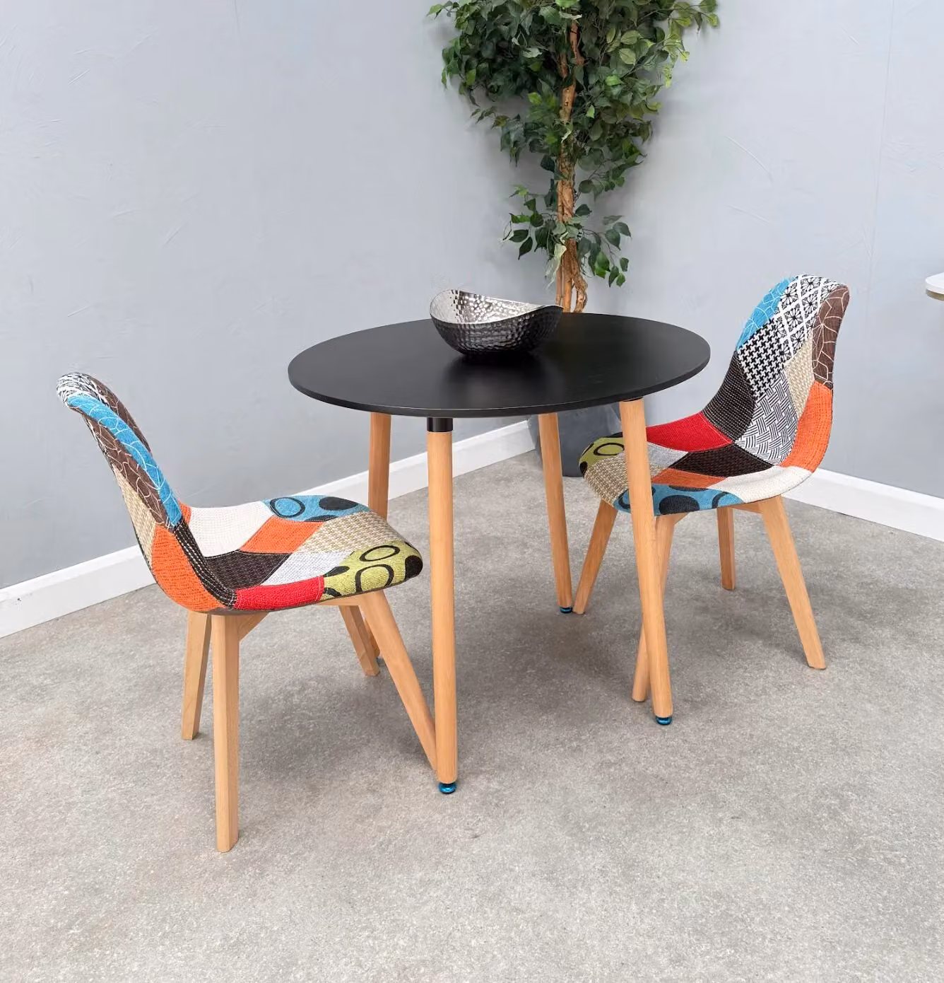 Life Interiors Patchwork Halo Dining Set with Round Wood Table and 2 Black Multicolour Fabric Chairs – 2