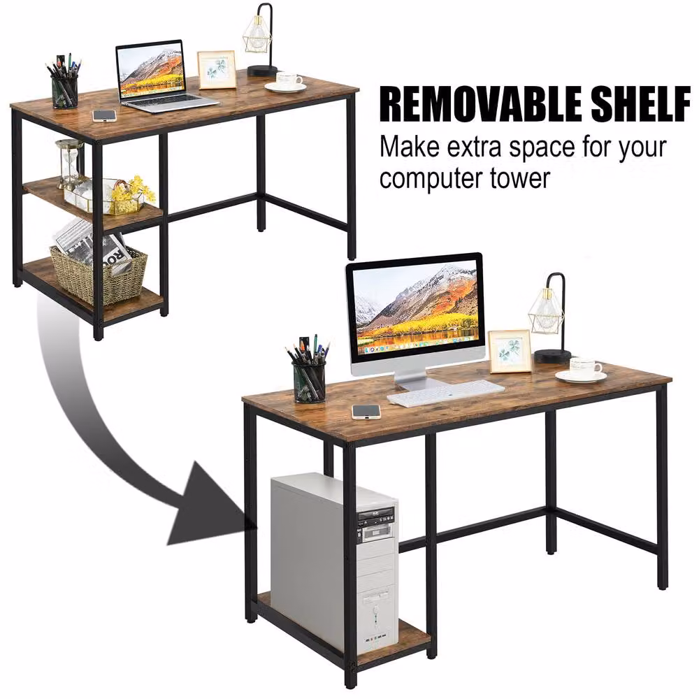 Costway Industrial Computer Desk with Storage Shelves in Brown, W: 120 cm, D: 60 cm – 4