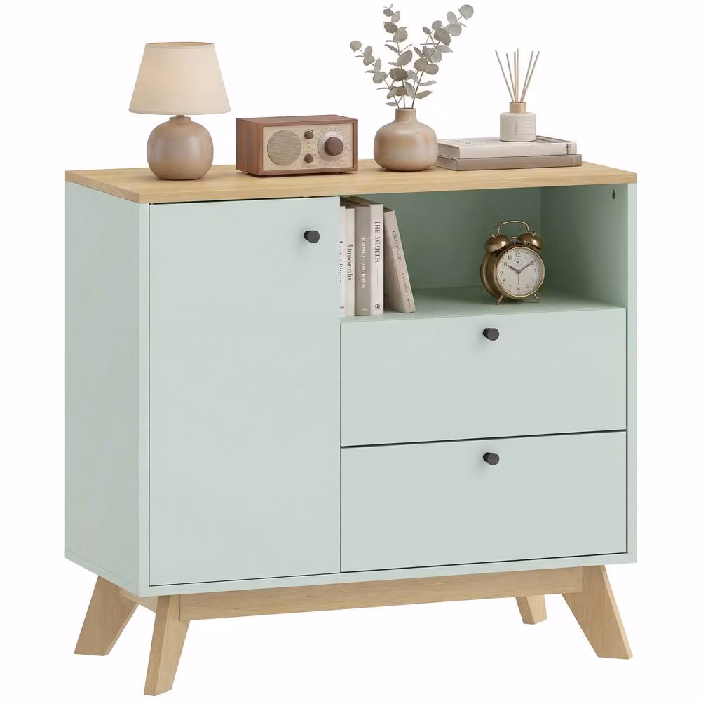 HOMCOM Modern Sideboard Buffet Cabinet in Light Green and Oak with 2 Drawers – 2