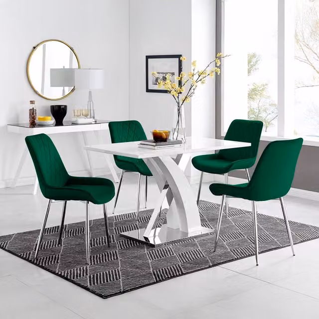 FurnitureboxUK Atlanta White High Gloss Rectangular Dining Table with X-Frame Legs and 4 Green Velvet Pesaro Chairs – 1