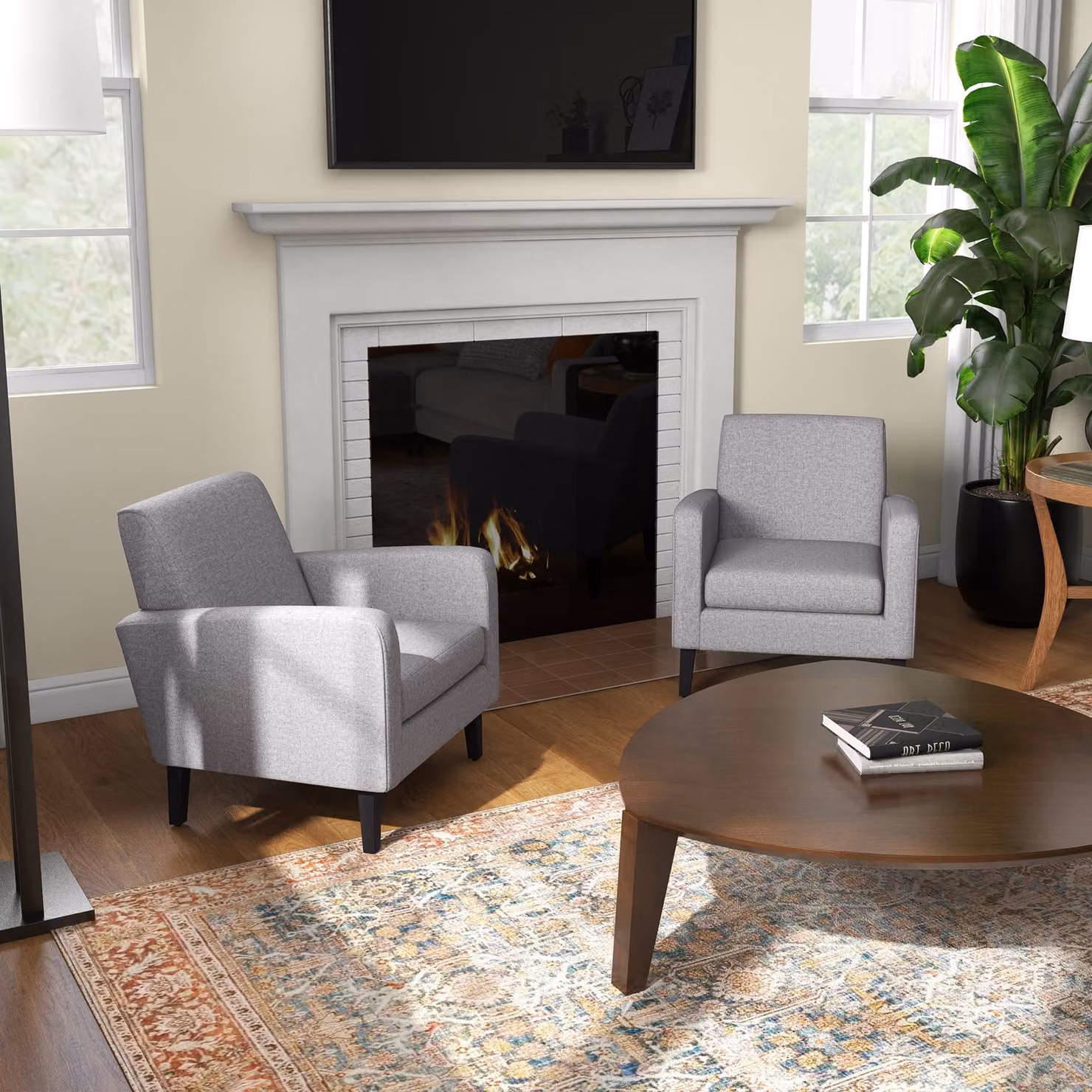 HOMCOM Set of 2 Modern Upholstered Accent Armchairs in Light Grey with Rubberwood Legs – 2