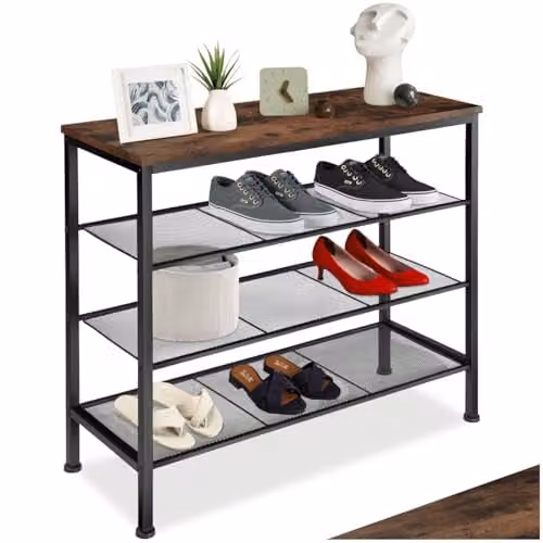 tectake Newport 4-Tier Industrial Shoe Rack with Wood-Look Top and 3 Mesh Shelves, Black and Brown, W: 80.5 cm, D: 30.5 cm, H: 72.5 cm