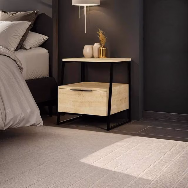 FWStyle Modern Oak 1 Drawer Bedside Table with Black Metal in Brown