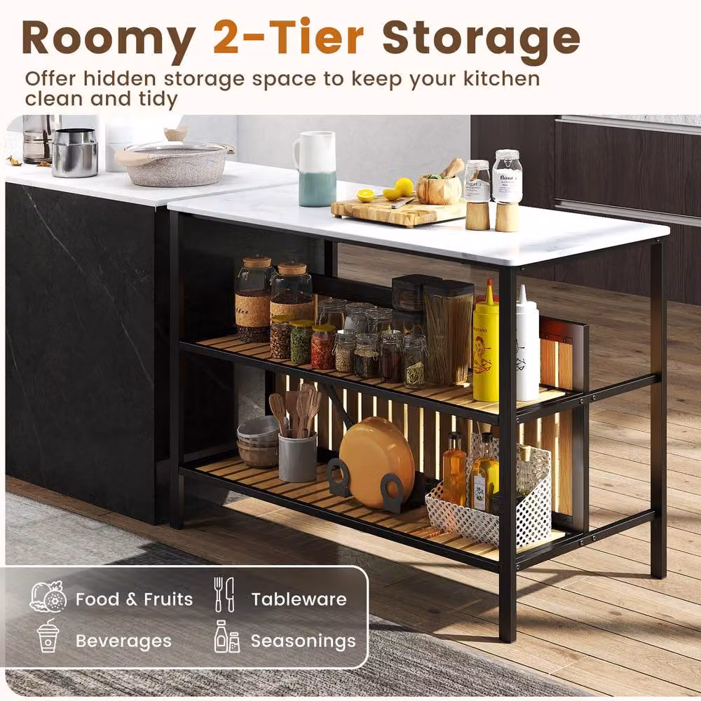 Costway 3 Piece Modern Kitchen Island and Bar Stools Set in White with Marble Top – 3