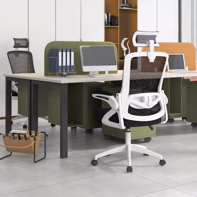 Costway White Fabric Swivel Office Chair with Headrest and Armrests