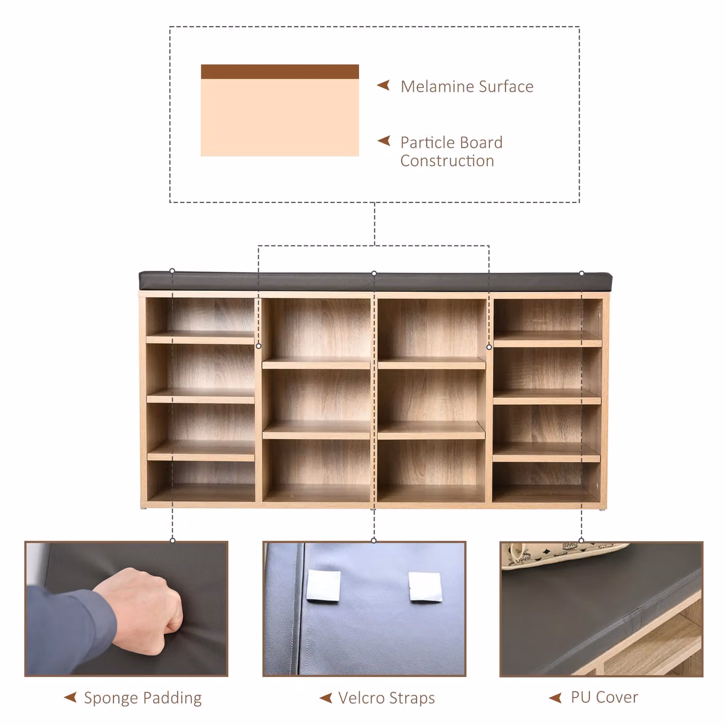 HOMCOM Modern Shoe Rack with Adjustable Shelves and Synthetic Leather Cushion in Sand and Brown, W/D/H: 103.5 x 30 x 48 cm – 4