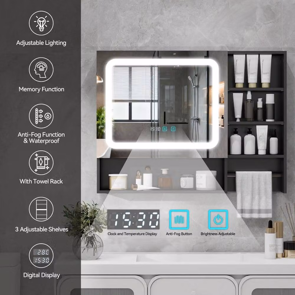 FORGEVIO Black Matt Wall Mounted Bathroom Mirror Cabinet with LED Lighting and Sensor Switch – 5
