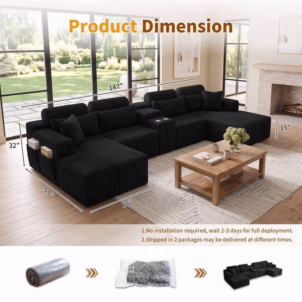 Merax 370cm U-Shape Modular Corner Sofa with Reversible Chaise and Cup Holders in Black Corduroy Velvet – 4