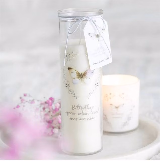 KDMD Butterflies Appear Vanilla Votive Candle in White