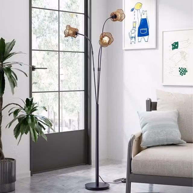 Komore 3-Light Black Floor Lamp with Paper and Rattan Woven Shades