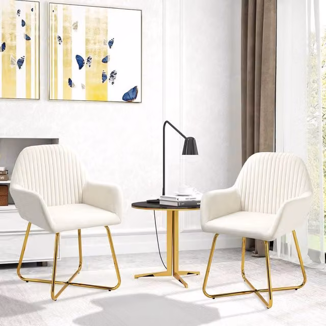 HOMCOM Set of 2 Modern Velvet-Touch Fabric Accent Chairs with Metal Frame in Beige and White – 1