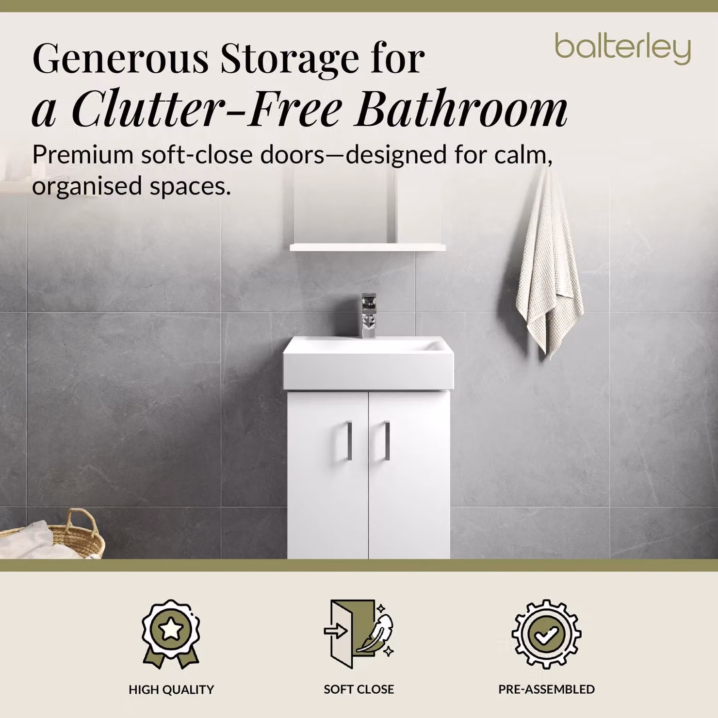 Balterley White Glossy Floor Standing Bathroom Vanity Unit with Rectangular Basin and Soft Close Doors – 2