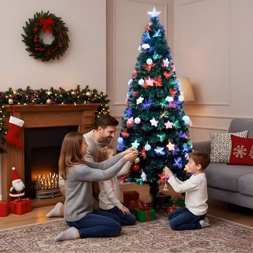 Shatchi 150 cm Green Fibre Optic Christmas Tree with Pastel Stars and Baubles, Pre-Lit with Multicolour Changing Lights – 2
