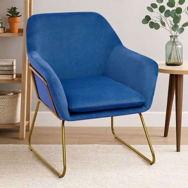 Orsina Modern Blue Velvet Armchair with Gold Metal Frame – 2