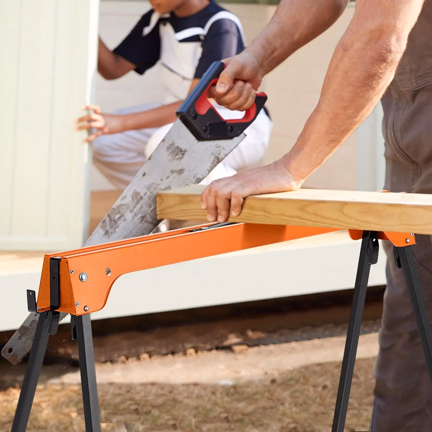 Costway Twin Pack of Foldable Metal Sawhorses with Handles and Non-Slip Footpads in Black and Orange – 3