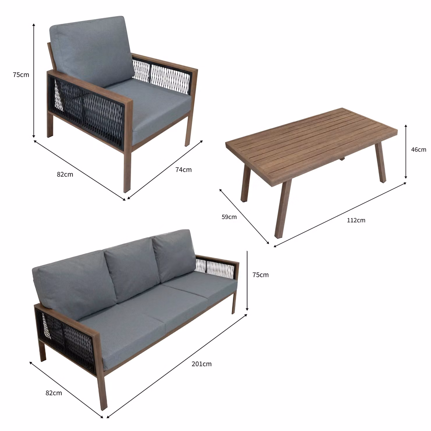 Monstershop 4 Piece Garden Furniture Set with Wood Effect Aluminium Frame, Black Rattan Storage Box and Grey Upholstered Cushions – 4