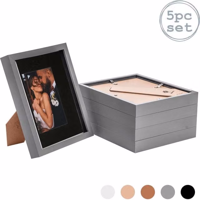 Nicola Spring Pack of 5 Rectangular 3D Box Photo Frames in Grey and Black with 4x6 inch Mount, W/H: 25.4 x 25.4 cm