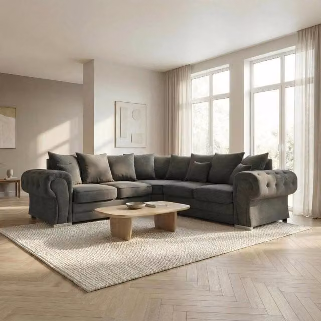 Abakus Direct Verona L-Shape Corner Sofa in Grey with Chesterfield Button Detail and Solid Wood Frame – 1