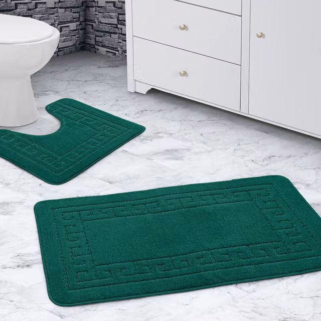 Velosso Greek Key Non-Slip Bathmat and WC Pedestal Mat Set in Green
