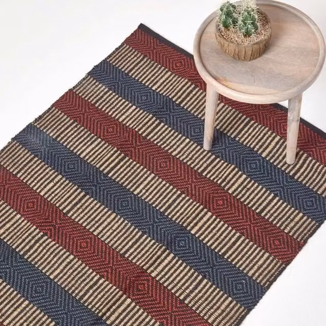 Homescapes Red and Blue Geometric Patterned Woven Jute Rug, Rectangular, 150 cm