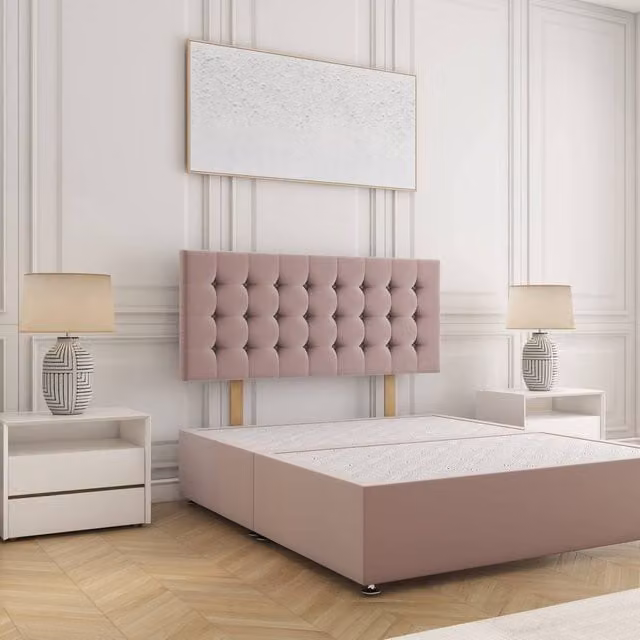 BSSPOKE Isla Divan Bed with 24 inch Headboard in Pink Plush Velvet, Single, W/D: 90 x 200 cm