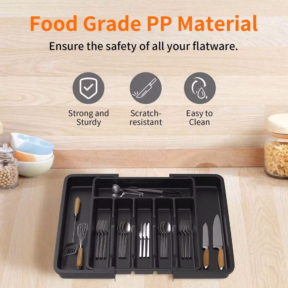 FLAVORA Expandable Plastic Cutlery Drawer Tray, Black – 5
