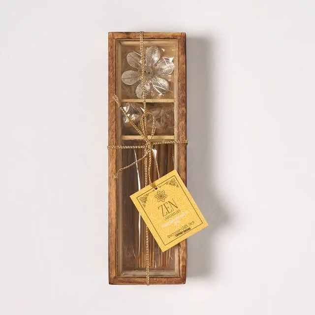 Homescapes Modern Rectangular Incense Cone Holder in Yellow and Brown with Wood and Metal Details